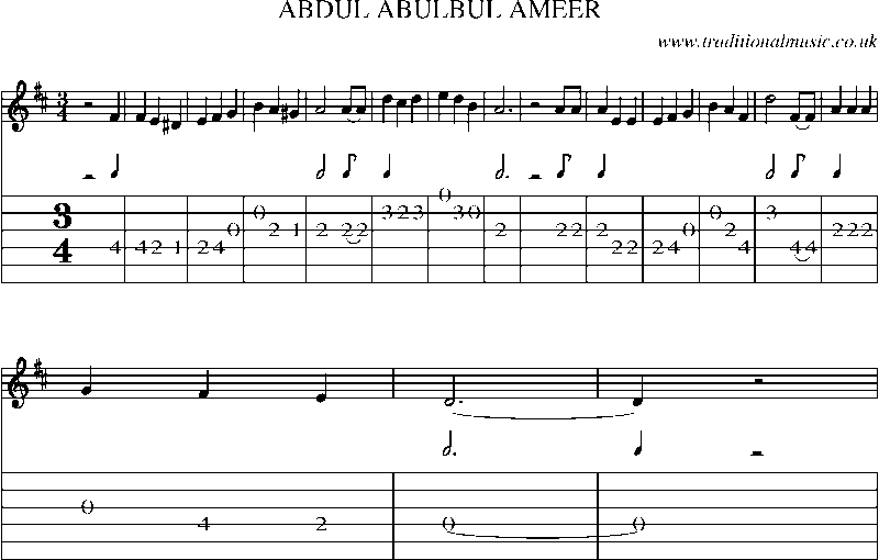 Guitar Tab and Sheet Music for Abdul Abulbul Ameer