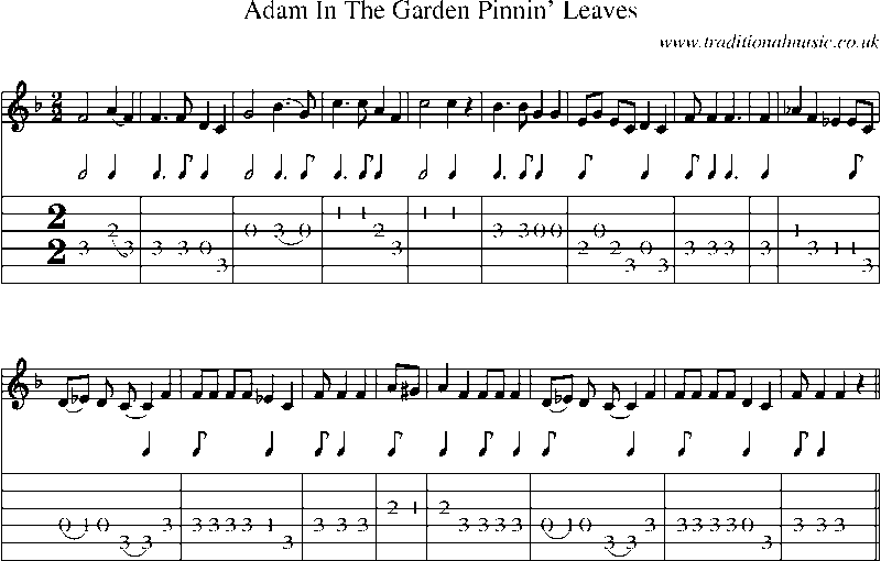 Guitar Tab and Sheet Music for Adam In The Garden Pinnin' Leaves