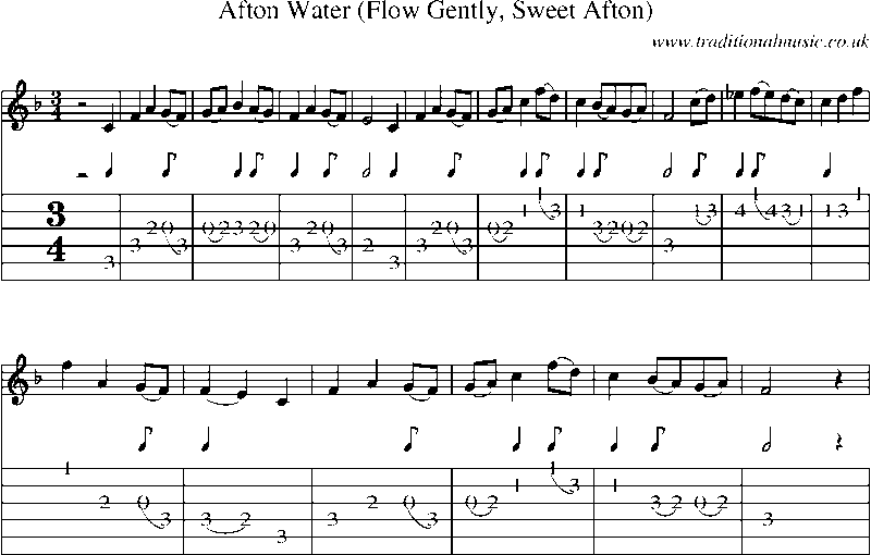 Guitar Tab and Sheet Music for Afton Water (flow Gently, Sweet Afton)