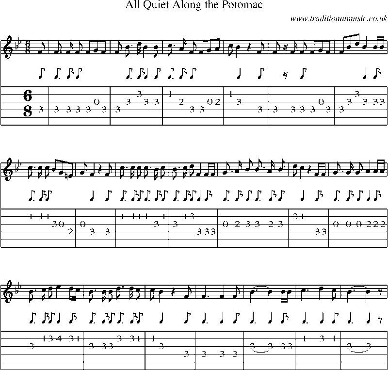 Guitar Tab and Sheet Music for All Quiet Along The Potomac