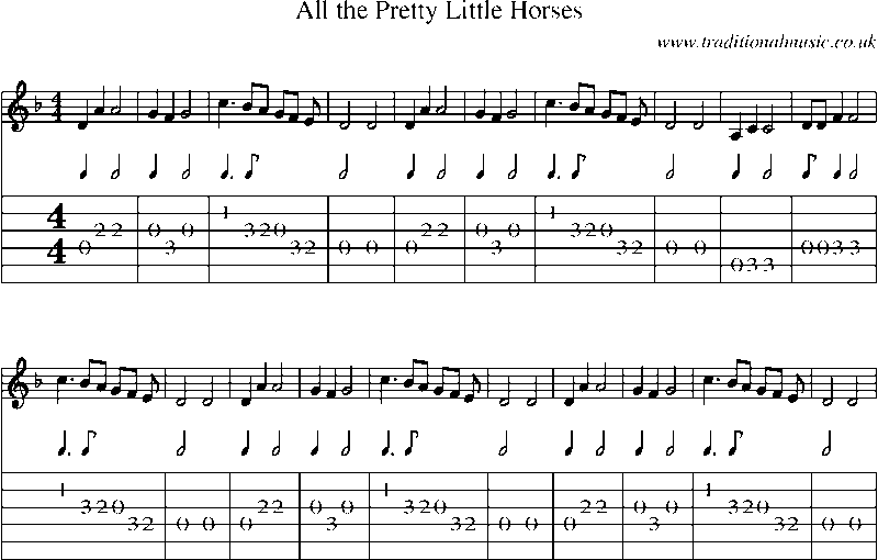 Guitar Tab and Sheet Music for All The Pretty Little Horses