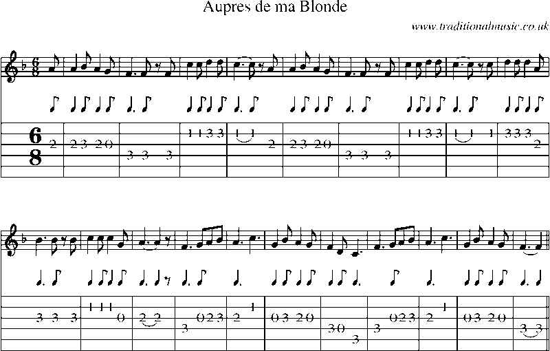 Guitar Tab and Sheet Music for Aupres De Ma Blonde