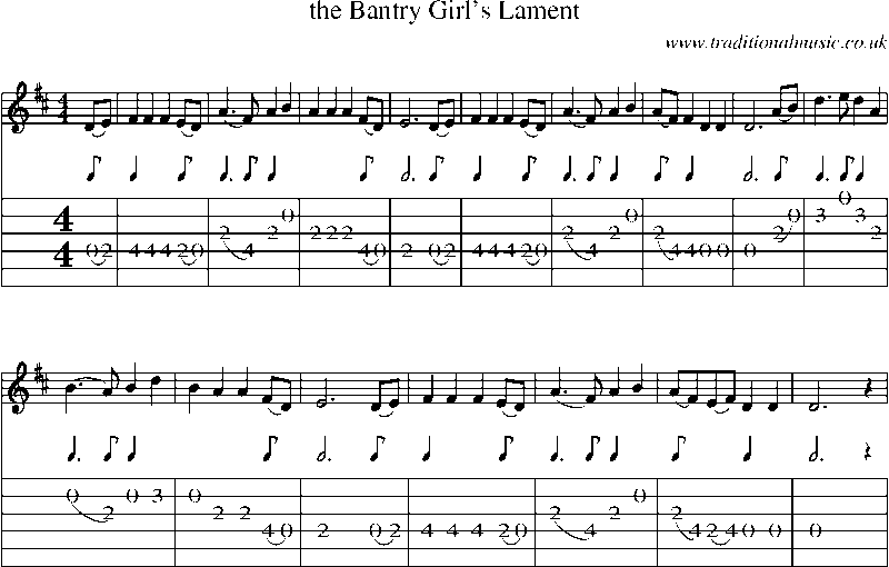 Guitar Tab and Sheet Music for The Bantry Girl's Lament