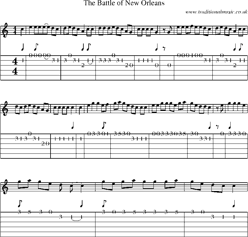 Guitar Tab and Sheet Music for The Battle Of New Orleans