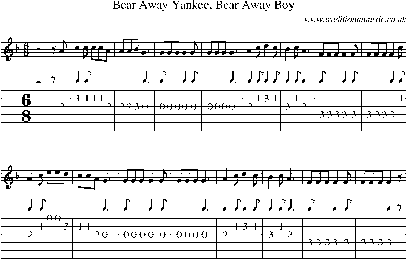 Guitar Tab and Sheet Music for Bear Away Yankee, Bear Away Boy