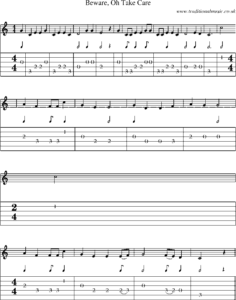 Guitar Tab and Sheet Music for Beware, Oh Take Care