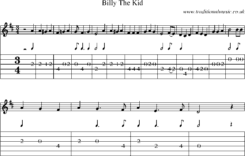 Guitar Tab and Sheet Music for Billy The Kid