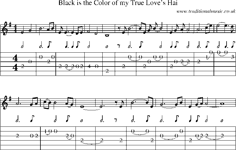 Guitar Tab and Sheet Music for Black Is The Color Of My True Love's Hai