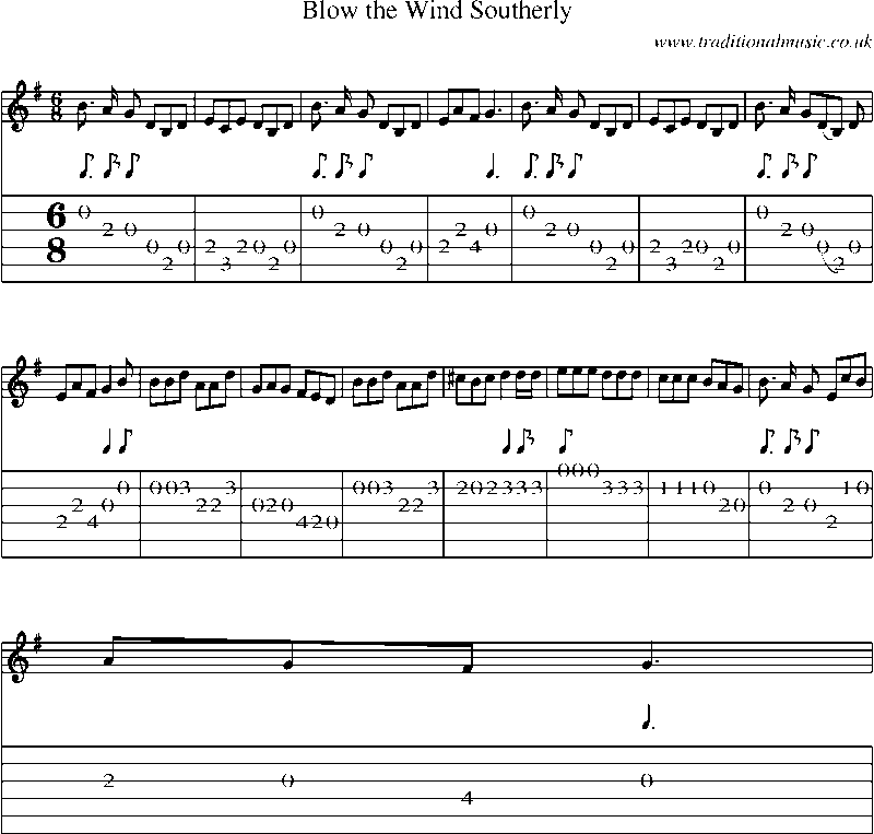 Guitar Tab and Sheet Music for Blow The Wind Southerly