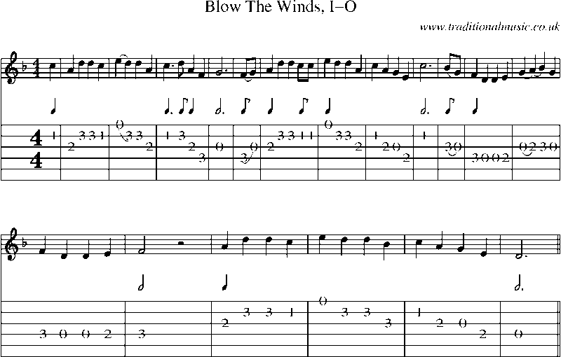 Guitar Tab and Sheet Music for Blow The Winds, I-o