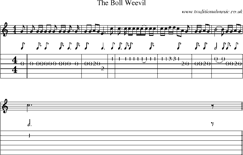 Guitar Tab and Sheet Music for The Boll Weevil
