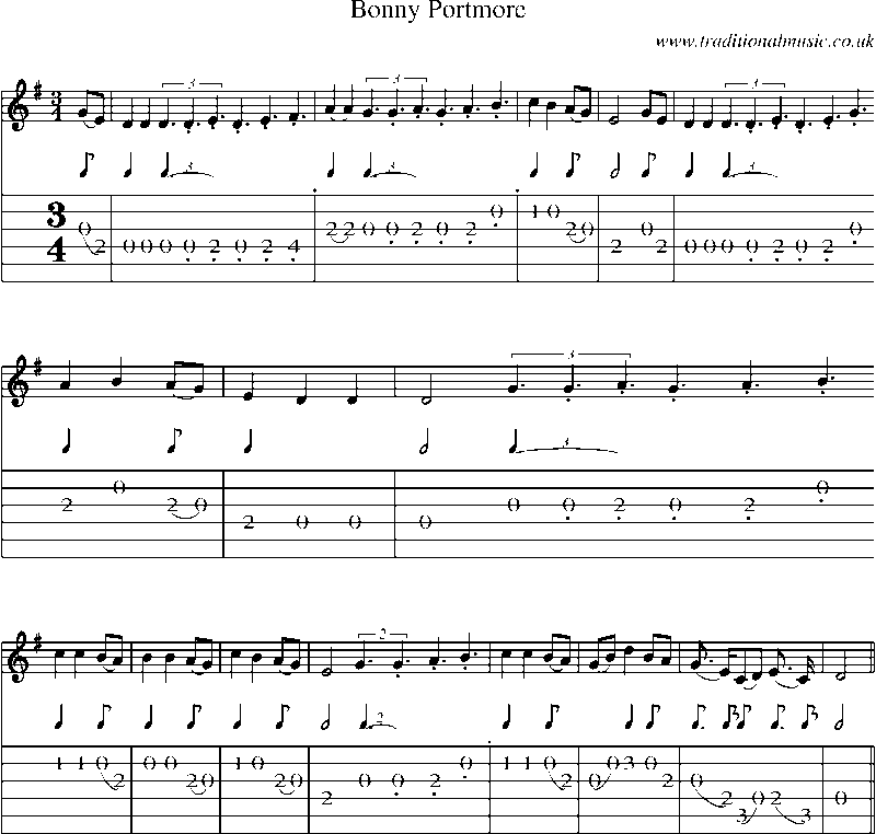 Guitar Tab and Sheet Music for Bonny Portmore