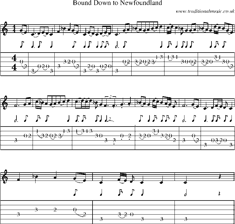 Guitar Tab and Sheet Music for Bound Down To Newfoundland