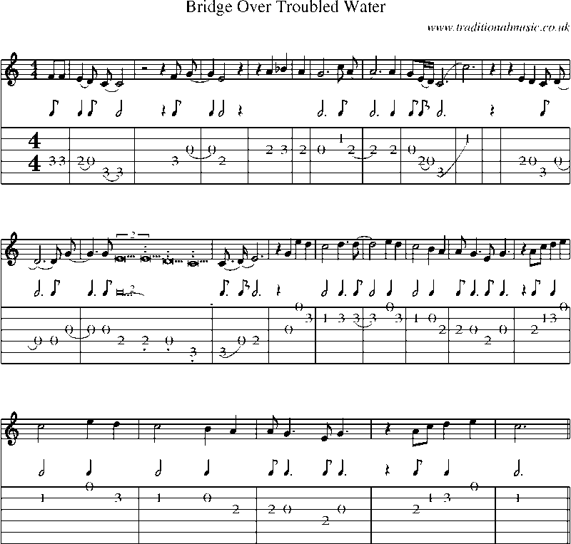 Guitar Tab and Sheet Music for Bridge Over Troubled Water