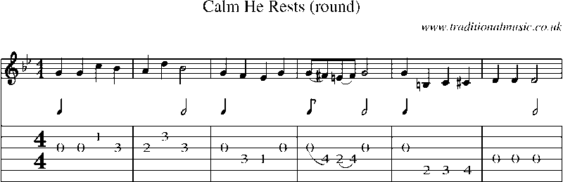 Guitar Tab and Sheet Music for Calm He Rests (round)