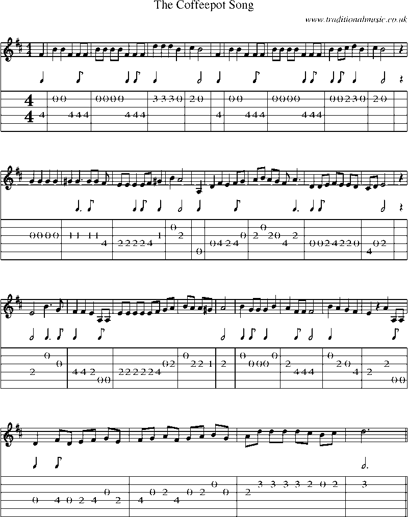 Guitar Tab and Sheet Music for The Coffeepot Song