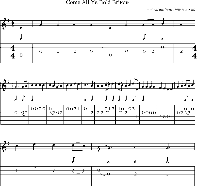 Guitar Tab and Sheet Music for Come All Ye Bold Britons