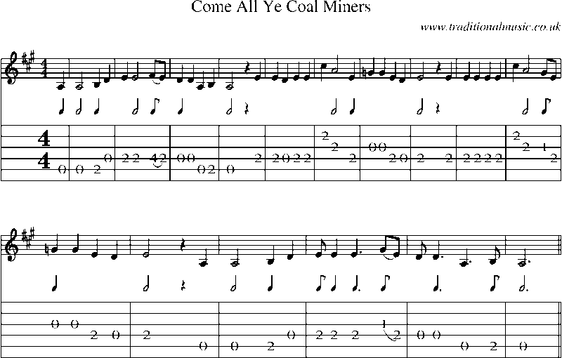 Guitar Tab and Sheet Music for Come All Ye Coal Miners