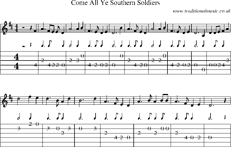 Guitar Tab and Sheet Music for Come All Ye Southern Soldiers
