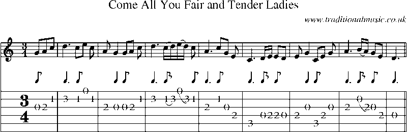 Guitar Tab and Sheet Music for Come All You Fair And Tender Ladies