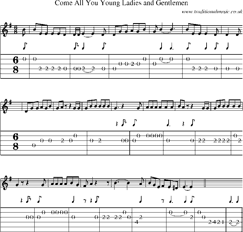 Guitar Tab and Sheet Music for Come All You Young Ladies And Gentlemen