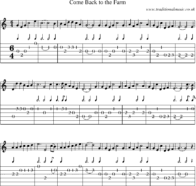 Guitar Tab and Sheet Music for Come Back To The Farm