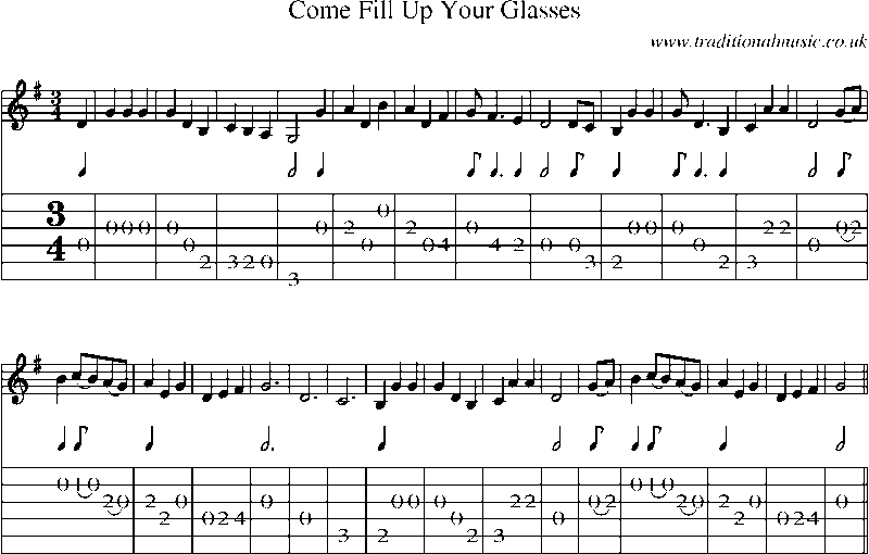 Guitar Tab and Sheet Music for Come Fill Up Your Glasses