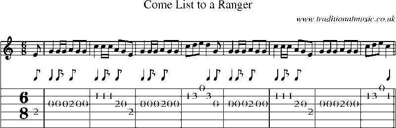 Guitar Tab and Sheet Music for Come List To A Ranger