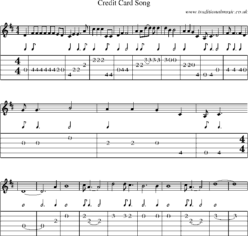 Guitar Tab and Sheet Music for Credit Card Song