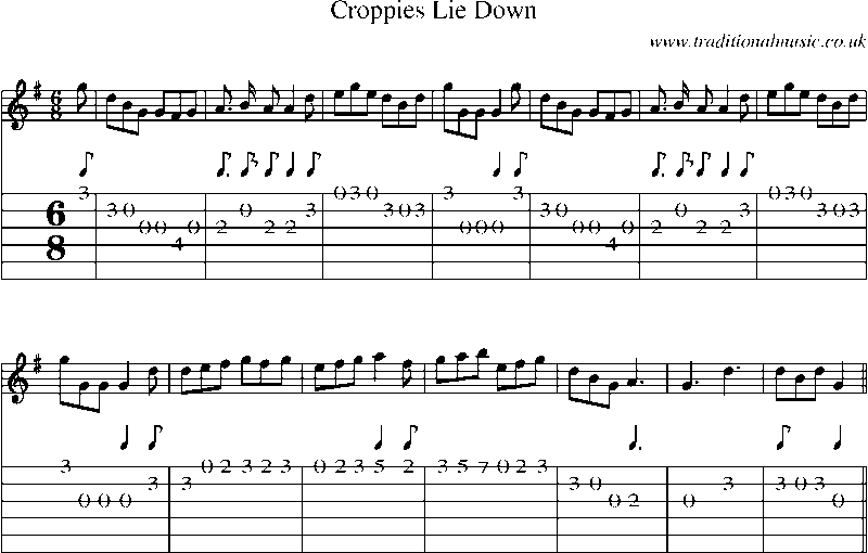 Guitar Tab and Sheet Music for Croppies Lie Down