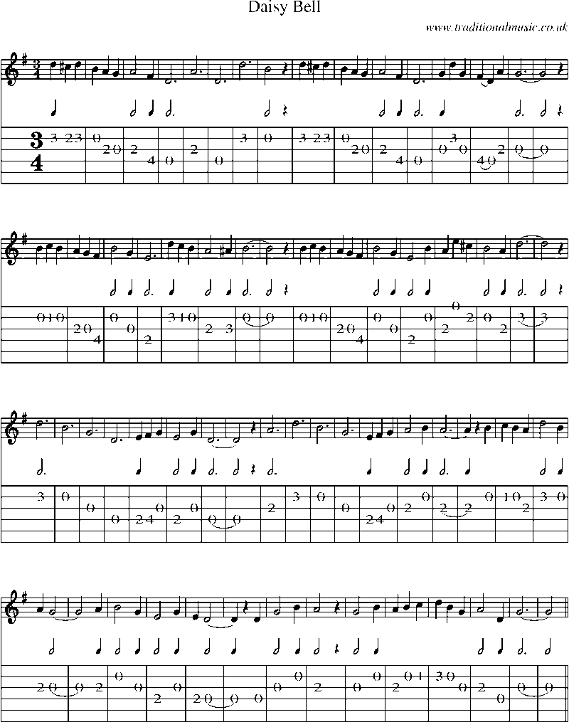 Guitar Tab and Sheet Music for Daisy Bell