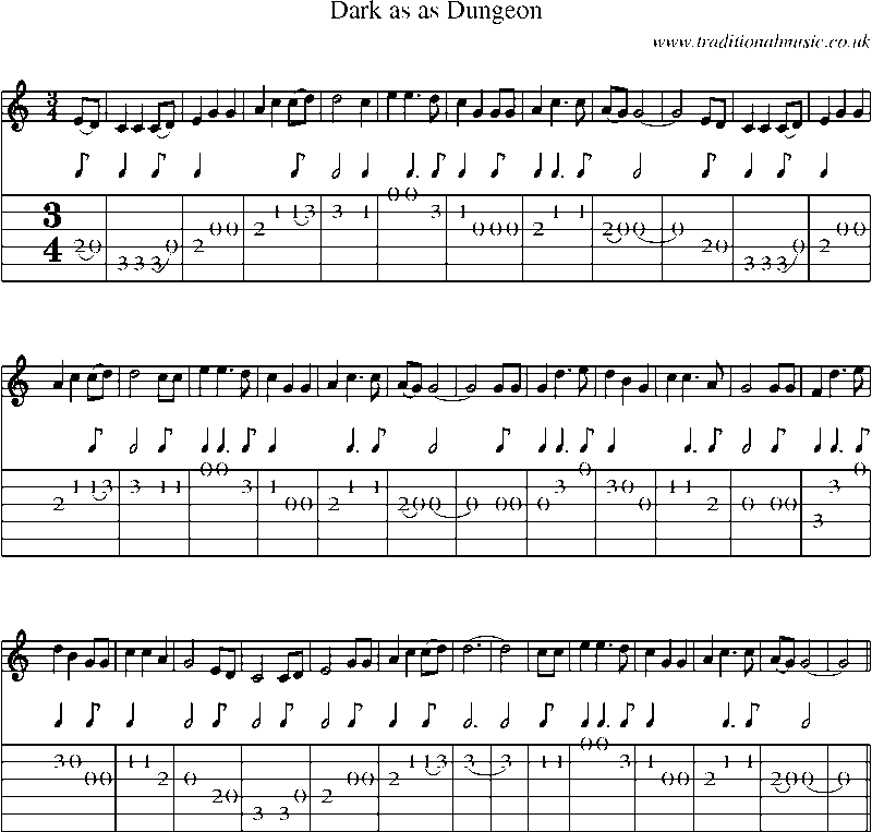 Guitar Tab and Sheet Music for Dark As As Dungeon