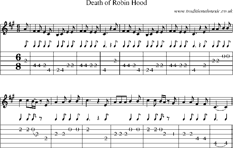 guitar tab and sheet music for death of robin hood