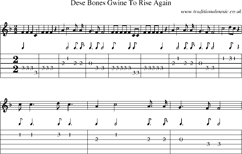 Guitar Tab and Sheet Music for Dese Bones Gwine To Rise Again