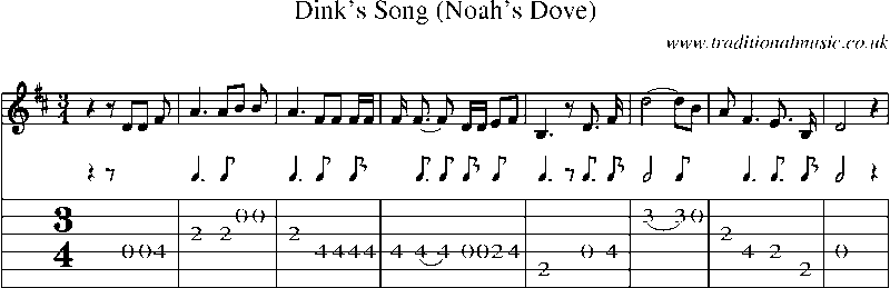 Guitar Tab and Sheet Music for Dink's Song (noah's Dove)