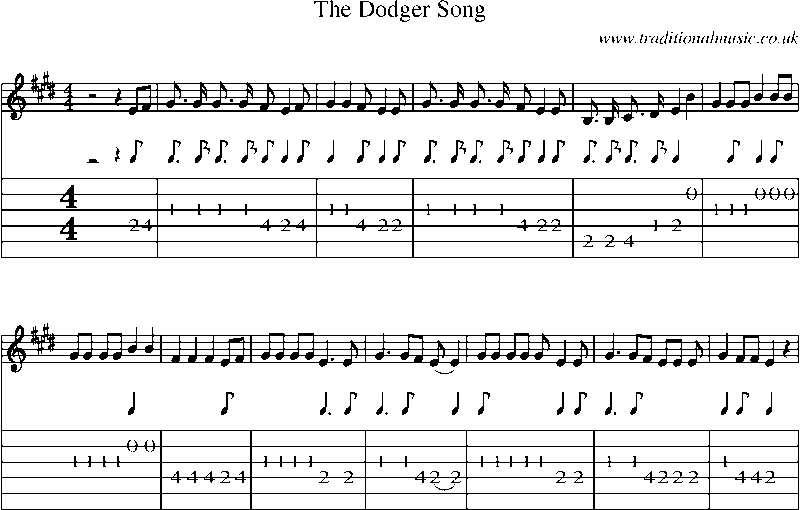Guitar Tab and Sheet Music for The Dodger Song