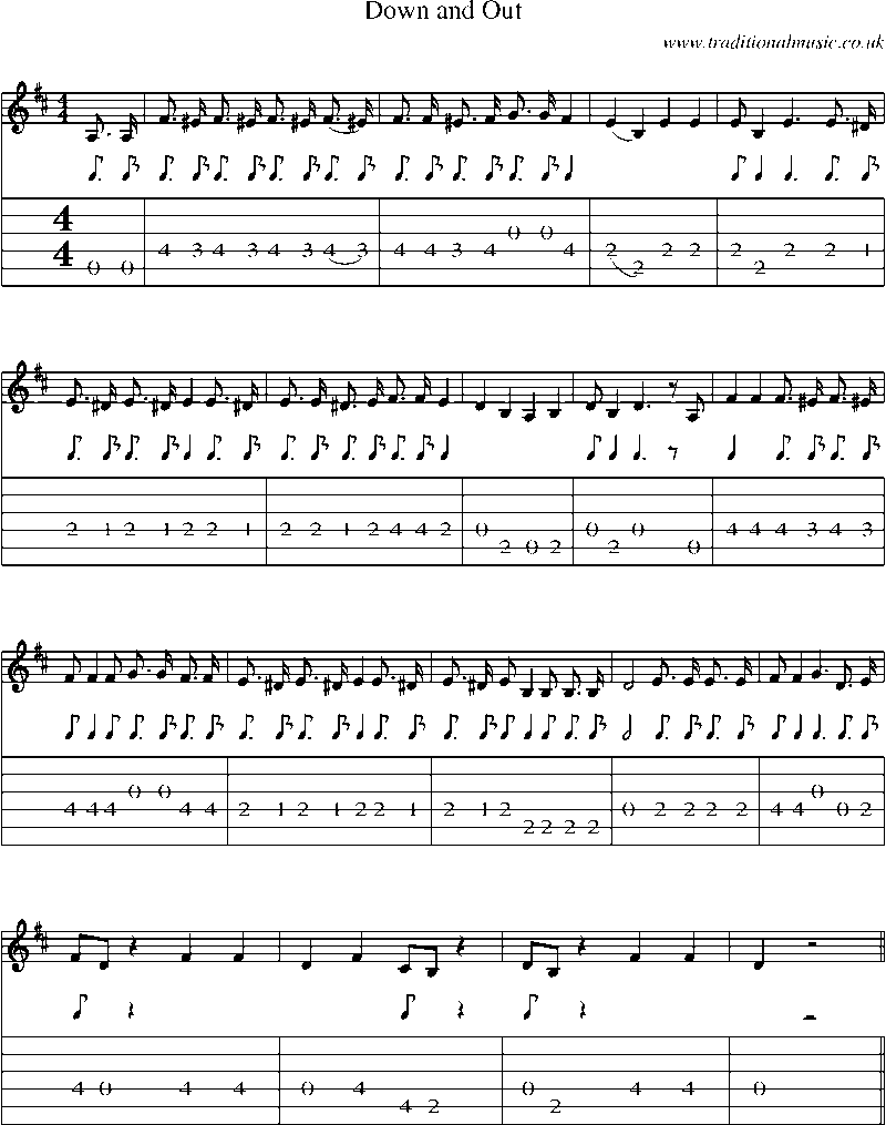 Guitar Tab and Sheet Music for Down And Out