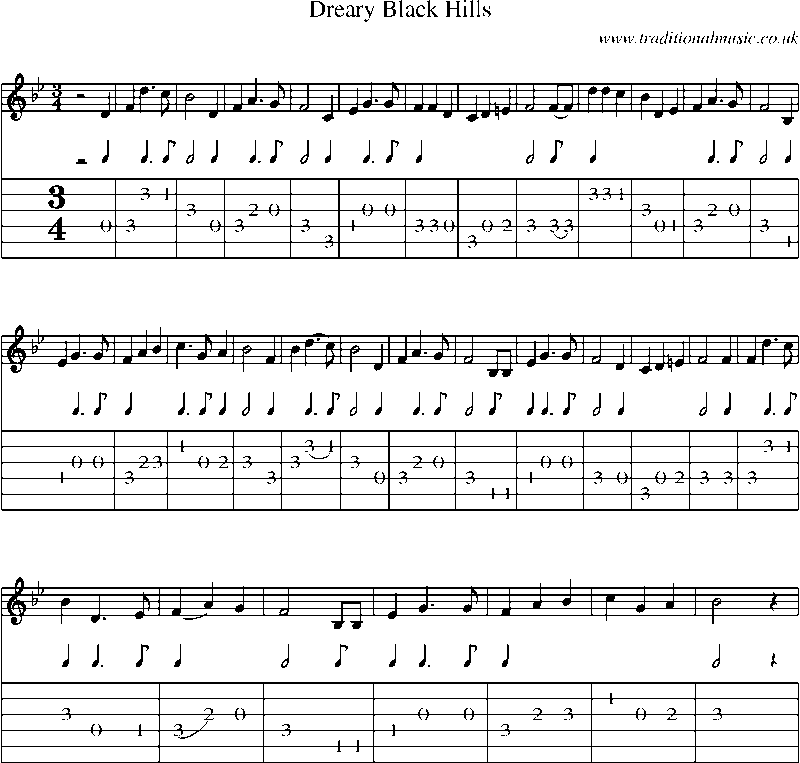 Guitar Tab and Sheet Music for Dreary Black Hills
