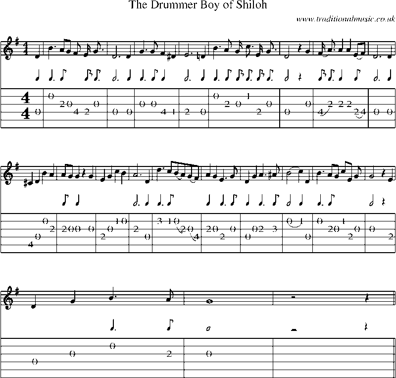 Guitar Tab and Sheet Music for The Drummer Boy Of Shiloh
