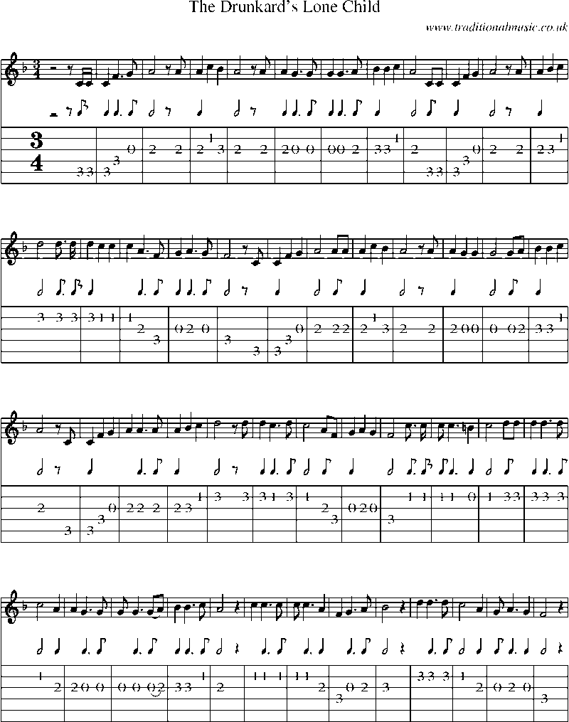 Guitar Tab and Sheet Music for The Drunkard's Lone Child(1)
