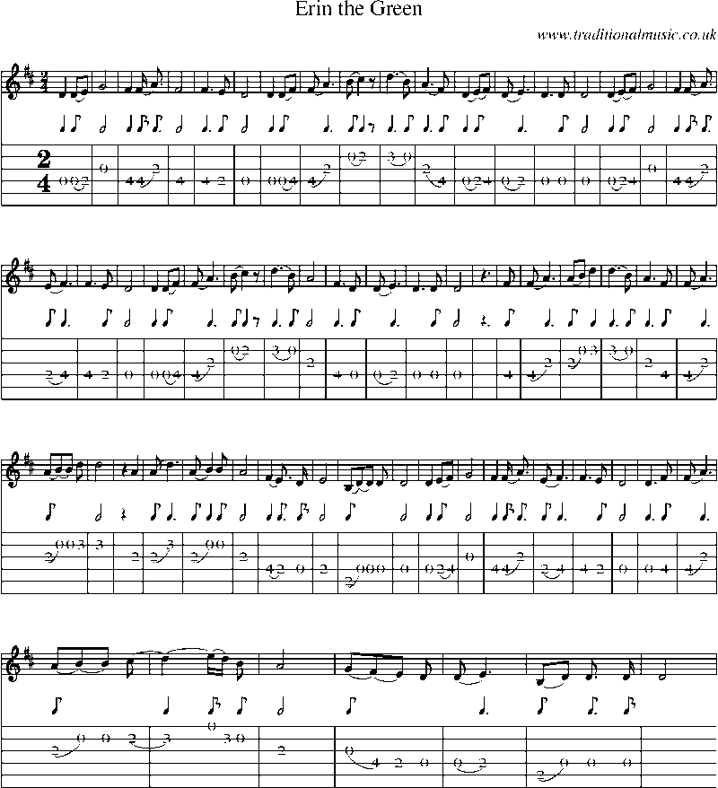 Guitar Tab and Sheet Music for Erin The Green