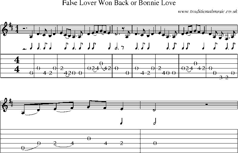Guitar Tab and Sheet Music for False Lover Won Back Or Bonnie Love