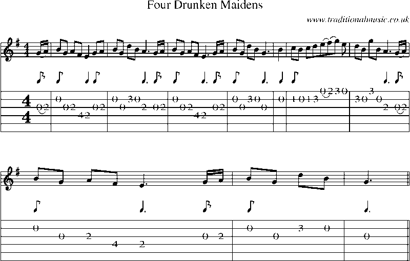 Guitar Tab and Sheet Music for Four Drunken Maidens