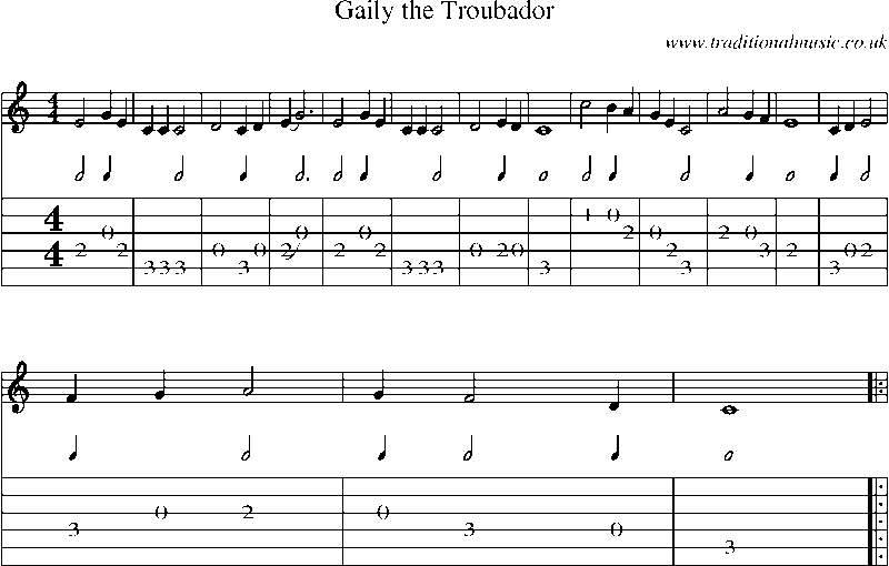 Guitar Tab and Sheet Music for Gaily The Troubador