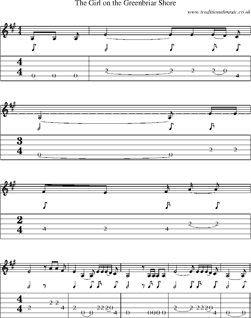 Guitar Tab and Sheet Music for The Girl On The Greenbriar Shore