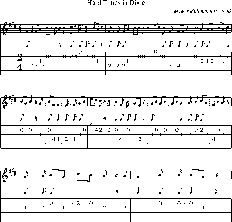 Guitar Tab and Sheet Music for Hard Times In Dixie