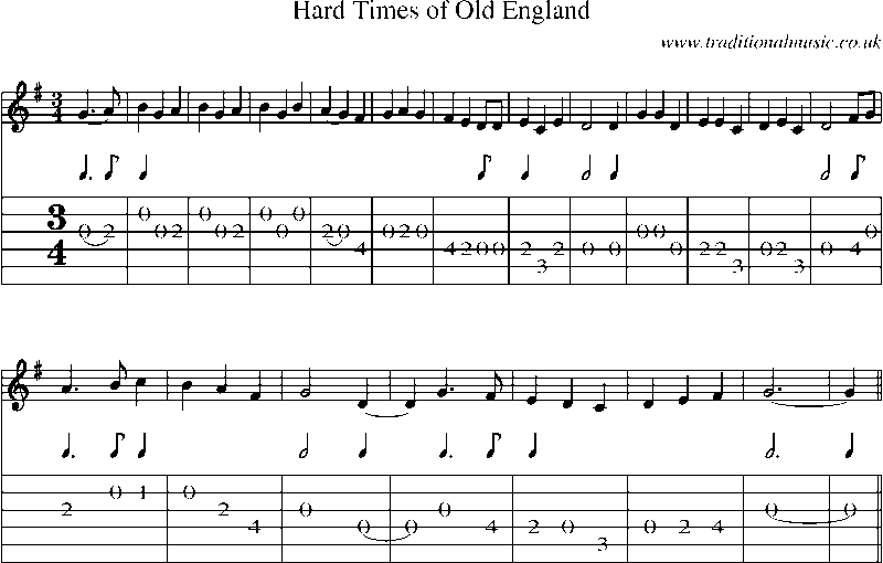 Guitar Tab and Sheet Music for Hard Times Of Old England