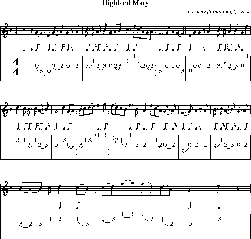Guitar Tab and Sheet Music for Highland Mary
