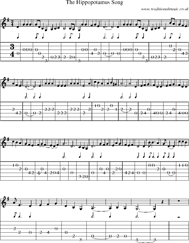 Guitar Tab and Sheet Music for The Hippopotamus Song
