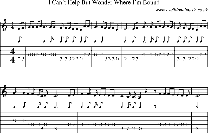 Guitar Tab and Sheet Music for I Can't Help But Wonder Where I'm Bound